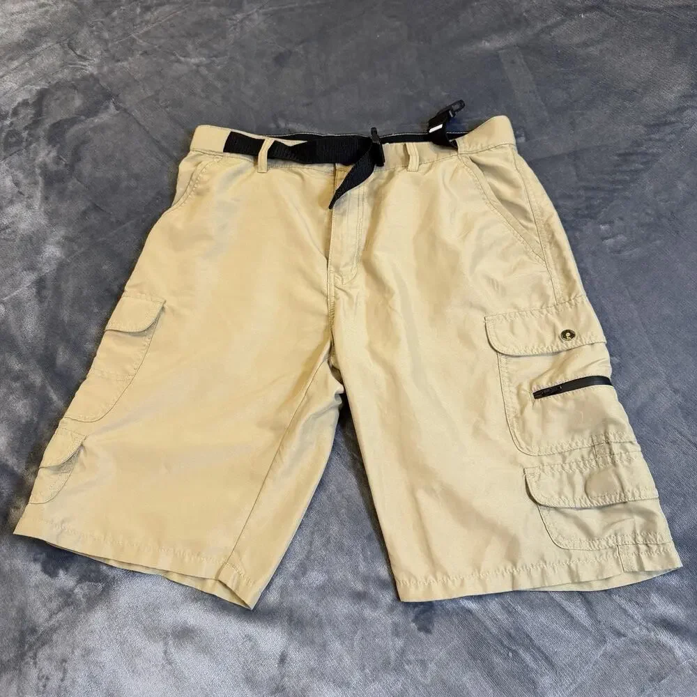 Denali Mens Performance Cargo Shorts Sz 32 Tan Beige Belted Hiking Trail Gorp